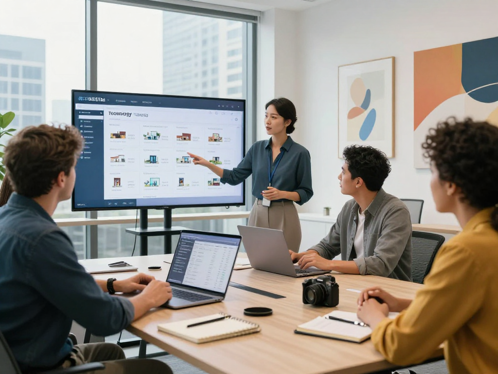 Real estate agent showcasing IDXSTAR tech during client presentation in modern office, highlighting innovative property listings.