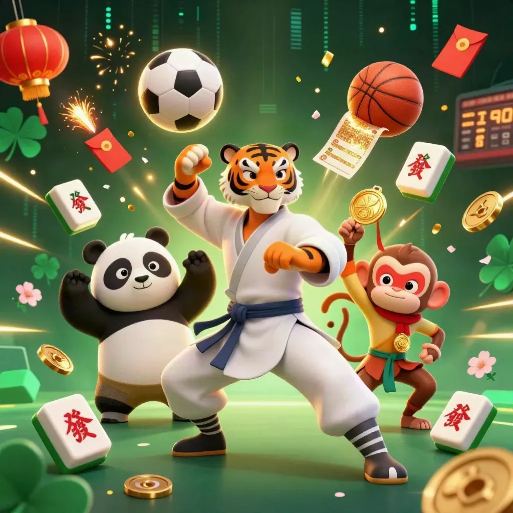 Tiger, panda and monkey amid flying mahjong tiles, lanterns, coins and sports balls in neon casino light.