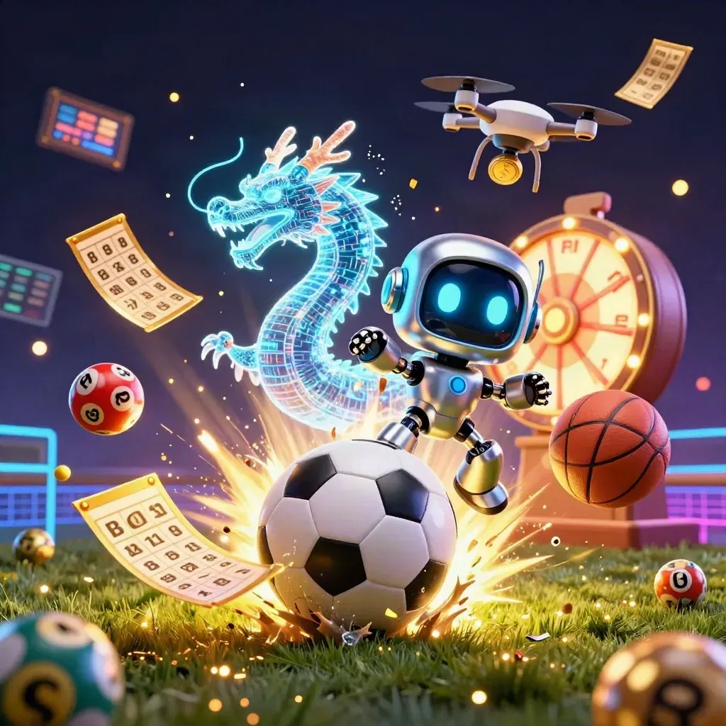 Cyberpunk robot, hologram dragon, and drone amid explosive sports and casino effects.