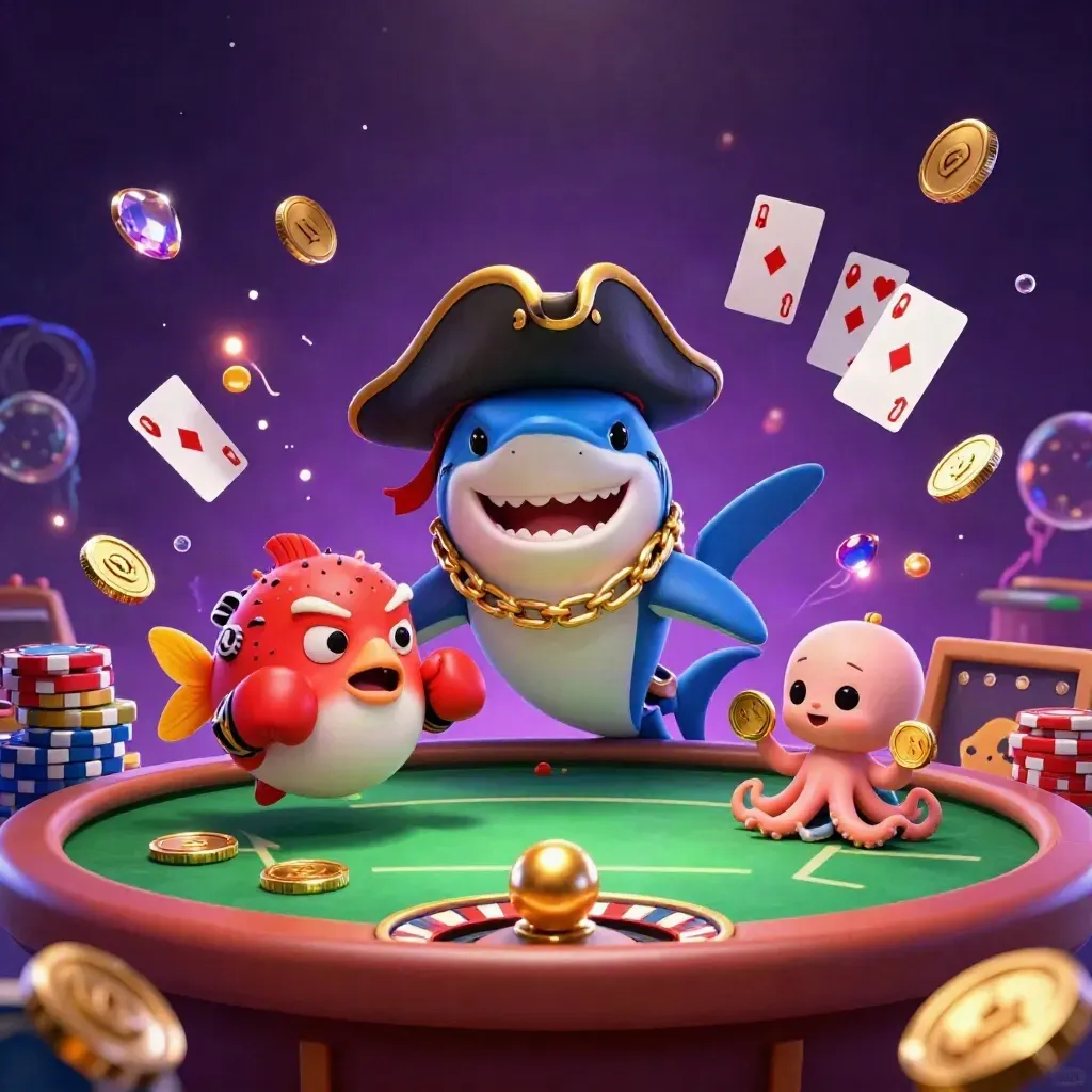 Pirate shark, boxing pufferfish, and coin-juggling octopus in neon casino chaos.