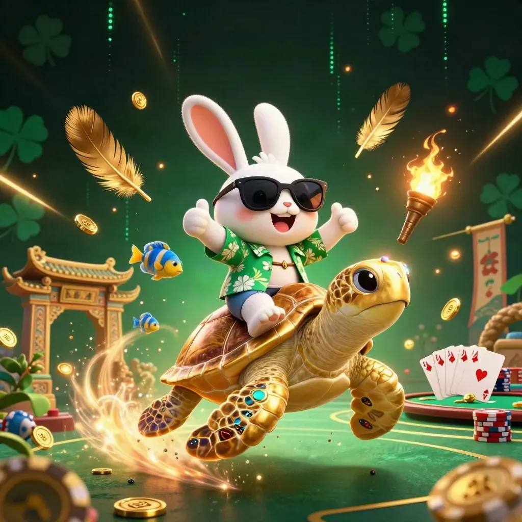 Lucky rabbit rides a golden turtle amid poker treasures and neon casino magic