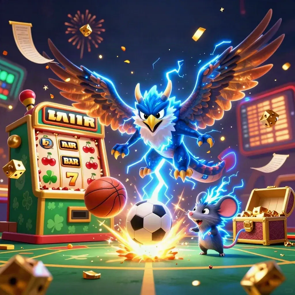 Thunder dragon, hawk and mouse amid casino symbols, gold dice, slot machine and sparks.