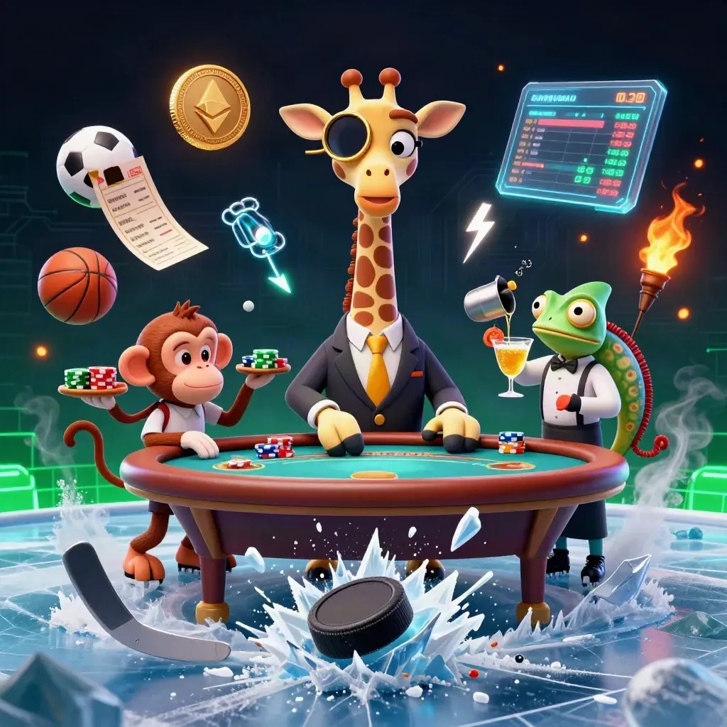 Giraffe, monkey and chameleon in poker-luxe hockey scene with flying ice, coins and neon effects.