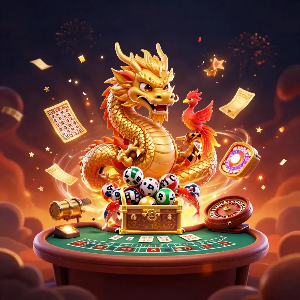 Golden dragon, phoenix and koi amid casino prizes in a crimson luxury glow