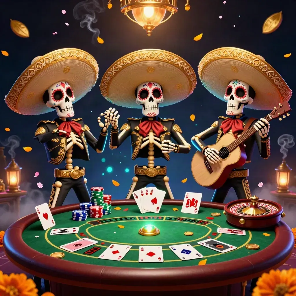 Day-of-the-Dead skeleton mariachi trio at a luxe poker table with chips, cards, and glowing casino lights.