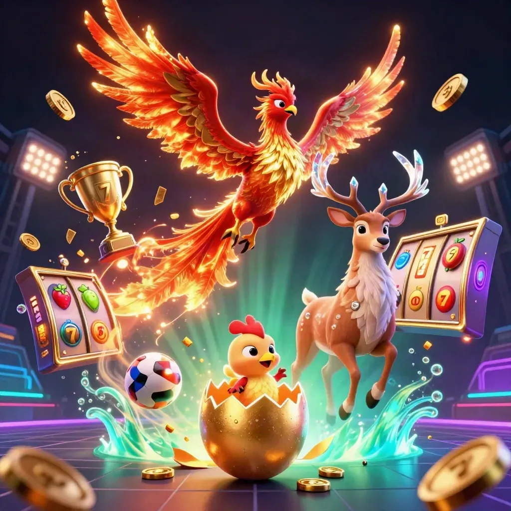 Phoenix, baby phoenix, and crystal stag amid coins, trophies, balls, reels, and neon light.