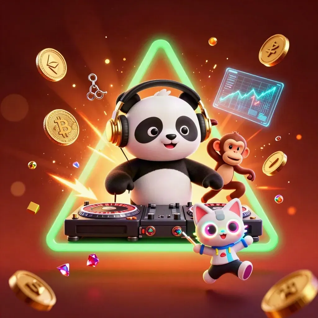 DJ panda, breakdancing monkey and glow-stick kitten amid neon coins, chips and ember glow.