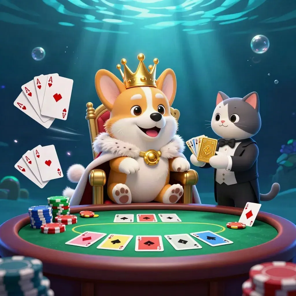 Royal corgi and cat butler in underwater poker splash art with chips, aces and cyan glow