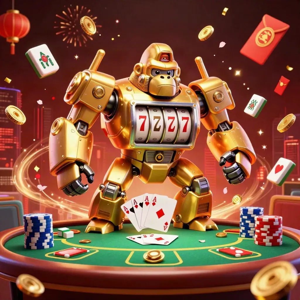 Golden gorilla mech and monkey pilot burst from a vault amid poker chips, coins, lanterns, and fireworks.