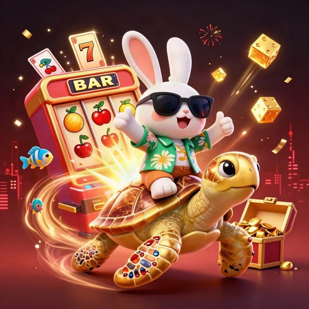 Lucky rabbit riding a golden turtle amid slot symbols, gold, fireworks, and red neon glow.
