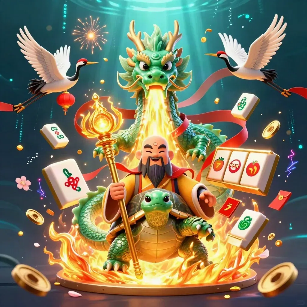 Emerald dragon, turtle sage and cranes amid mahjong tiles, coins, lanterns and golden fire.